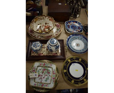An Ironstone 'Mandalay' pattern large circular fluted bowl; two meat plates; a tray with two fitted tiles; Mason Ironstone 'G