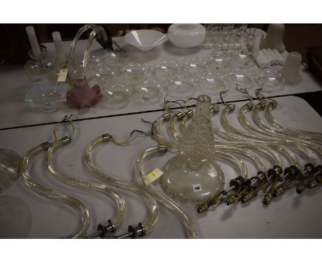 A large quantity of chandelier parts, to include: fourteen glass arms; four glass drip holders; eight assorted shades; etc.