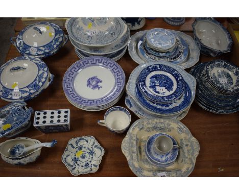 A large quantity of Victorian and later blue and white dinner and tea ware, to include: a tureen by J. Wood, Newcastle; a Roy