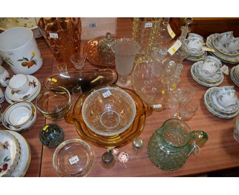 Miscellaneous glassware, to include: a pair of cut-glass decanters; glass vases; scent bottles; hand-blown green jug with rai