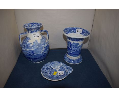 Blue & White Copeland Spode Italian ware, to include: a two-handled vase; a circular vase; and a small dish with protruding h