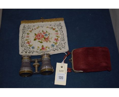 A pair of steel and purple enamel opera glasses by Lamier Fabt., Paris, in cloth case with metal clasp; together with an earl