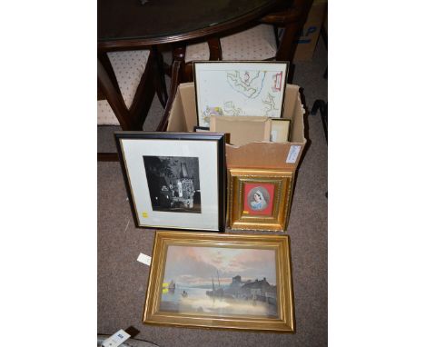 A reproduction map of Plymouth; antique engravings of Dunstanburgh Castle; four other prints various; together with a painted