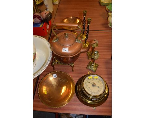 Brass and copper ware, to include; an aneroid barometer on stained oak mount; a trivet; a pair of candlesticks; a footed circ