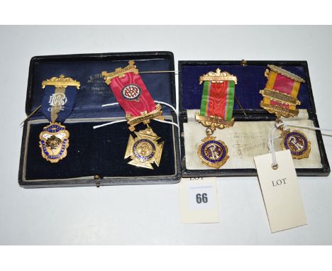 Four giltmetal medallions, for The Order Of Buffalo, each with enamel decoration and various bars.