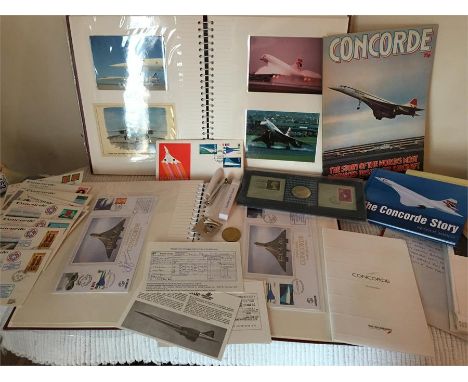Collection of Concorde memorabilia, including many signed first day covers, books, complimentary lighter, coins and badges 