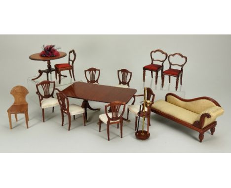 Suite of 1/12th scale Dolls House furniture by Brian Underlay, Georgian Dining room table with claw feet, Sheraton style set 