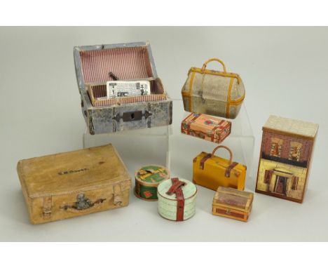 Miniature luggage, 19th early 20th century, including a card paper fabric style hinged top Gladstone bag with tan leather str