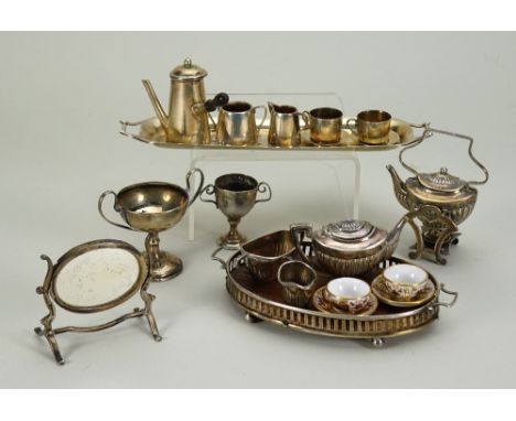 Miniature hallmarked Dolls House silver, late 19th early 20th century, coffee set on oblong tray comprising coffee pot, cream