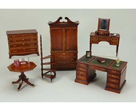 Suite of Tarbena 1/12th scale Georgian style wooden Dolls House furniture, Linen press with opening front with six sliding tr