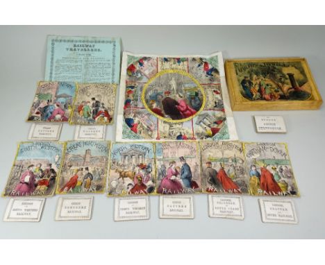 A rare printed and hand painted board game ‘Railway Travellers, A Merry Game’, published by E. &amp; M.A Ogilivy circa 1865, 