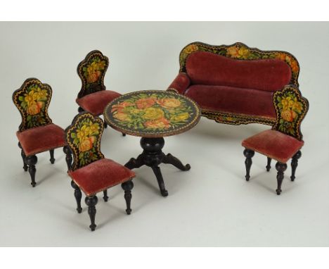 Set of wooden paper lithographed Dolls House furniture, German 1880s, circular table with cabriole legs, 2 ½” (6.5cm) high, f