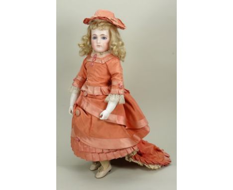 Beautiful early portrait Jumeau bisque shoulder head fashion doll on kid over wood body, French circa 1870, very pale slightl