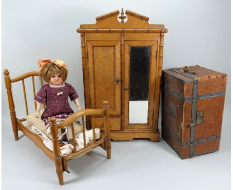 Good faux Bamboo Doll size wardrobe, French 1890s, the light wood wardrobe with mirrored main door and another above a single