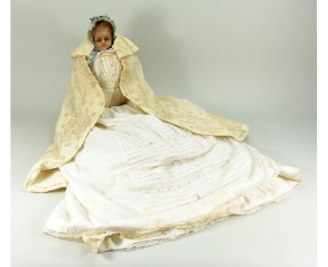 All original Poured wax Pierotti shoulder head baby doll, English 1850s, with blue glass eyes, well moulded lids and inserted