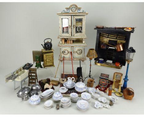 Dolls House kitchen cabinet and Kitchenalia, wooden cream painted cabinet with blue and gold lining and shaped pediment, toge