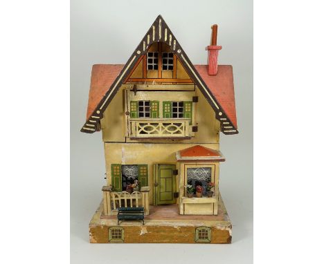 A Moritz Gottschalk red roof dolls houses and contents, German 1920s, base with two lithographed window, front with small gar