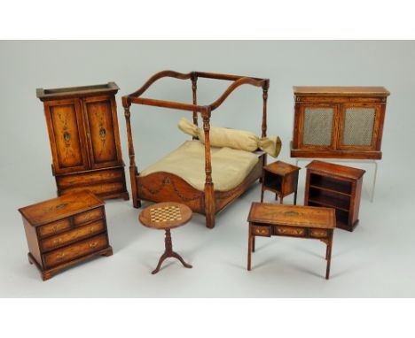 Suite of Tarbena 1/12th scale Regency style painted wooden Dolls House furniture, Linen press with opening front to three she