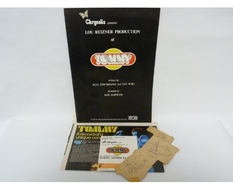 The Who, four autographs on cigarette packet obtained from the Carlisle Cosmoploiton 1969 together with a 'Tommy'&nbsp;brochu