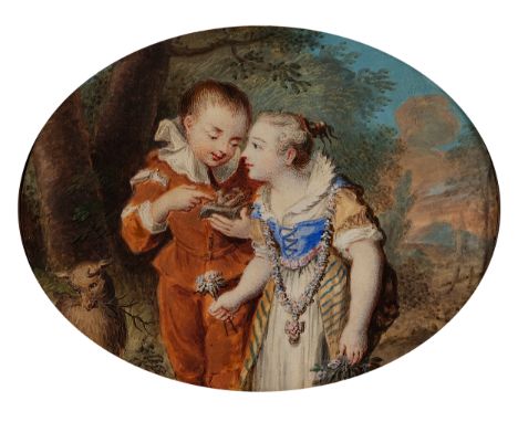 Augustin Dubourg1758 - 1800 ParisMiniatur eines Pärchens im Walde, er ein Vogelnest und sie eine Blume haltendEnde 18. Jahrhu