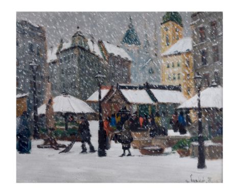Rezso CzakoStadtplatz im WinterMischtechnik auf KartonMotiv 29,5 x 25,5 cm, mit Rahmen 35 x 31 cmSigniert u. r.