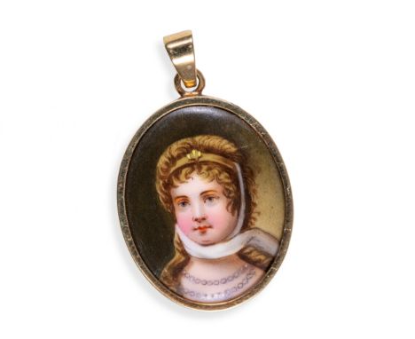 Medaillon Portrait14 kt GoldPortraitminiatur auf Porzellan Länge 3,9 cm, Breite 2,1 cmGewicht 6,8 g 
