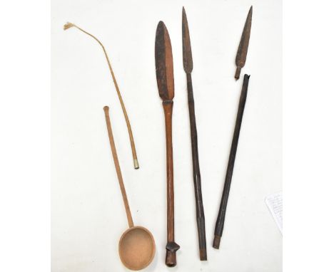 A short Zulu assegai (probably cut down), length 96cm, a wooden spear or shortarm of similar length (probably cut down), a sp