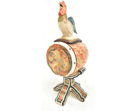 A Japanese Meiji period Satsuma koro in the form of a drum on a stand, the cover with cockerel finial, with all over enamelle