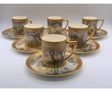 KINKOZAN; a fine set of six Japanese Meiji period Satsuma cups and saucers, each piece decorated with different seasonal flow