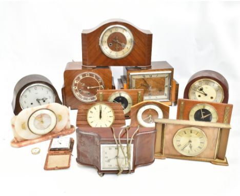 Thirteen assorted mantel clocks, including mahogany cased Art Deco example with chrome mounts, height 21cm, length 30cm, also