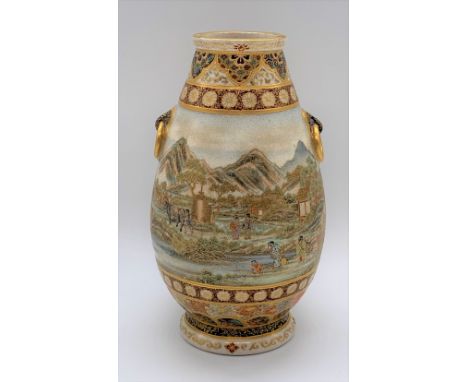 YABU MEIZAN; a fine Japanese Meiji period Satsuma ovoid vase with moulded ring handles, the body decorated with figures withi