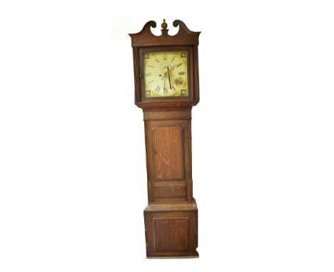 An early 19th century oak cased longcase clock, the painted dial with Roman numerals and subsidiary dial, height 210cm.Additi