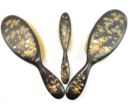 A Japanese Meiji period Shibayama trio of brushes with detailed gilt paint work to each piece, each piece stamped 'A. Barrett