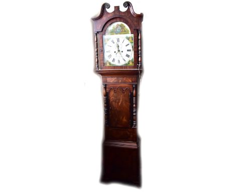 An early to mid-19th century mahogany and crossbanded longcase clock, the repainted arch dial inscribed 'WM Travis, Leek' abo