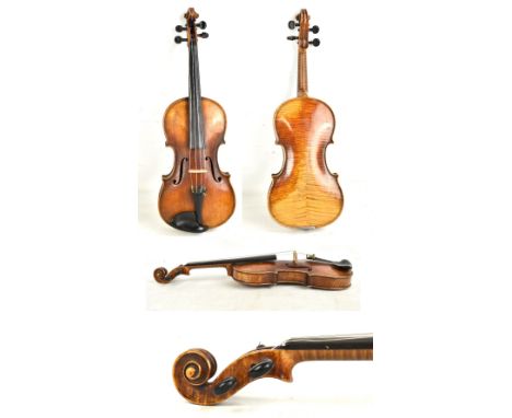 A full size German violin with two-piece back, length 35.7cm, bearing spurious Caspar di Salo label, branded 'Dresden' below 