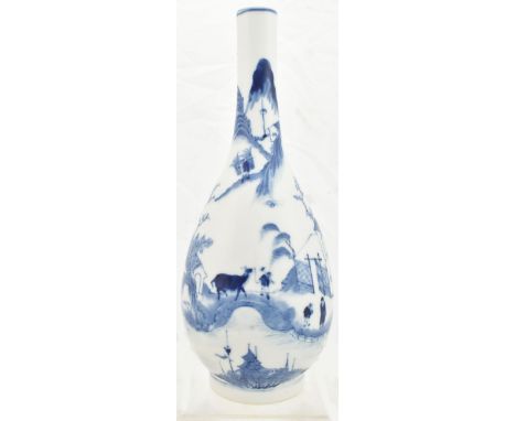 A late 19th/early 20th century Chinese blue and white porcelain bottle vase painted with figures and animals in landscape sce