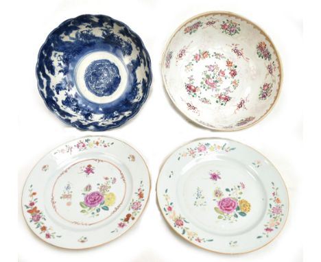 Two 18th century Chinese porcelain Famille Rose plates, each painted in enamels with floral decoration, diameter 23cm, togeth