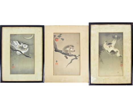 AFTER KOSON OHARA; three Japanese woodblock prints each featuring owl or monkey amongst branches, both with signatures and se
