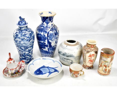 A mixed group of Chinese and Japanese ceramics including late Ming Swatow jar with underglaze decoration of figures and boats