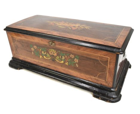 A 19th century rosewood, simulated rosewood and inlaid musical box with associated movement inscribed 'Columbia' and numbered