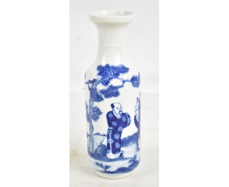 A late 19th/early 20th century Chinese porcelain rouleau vase painted in underglaze blue with three figures in rural landscap