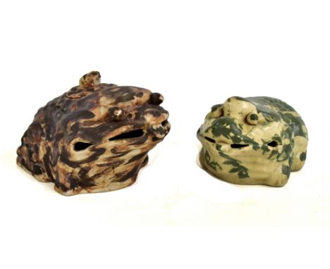 Two 19th century or earlier Chinese ceramic modelled as toads promoting fertility, each with protruding tongue, bobbly eyes a