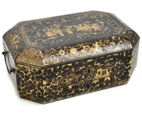 A 19th century Chinese lacquered workbox of shaped rectangular form, with gilt decoration depicting figures in landscape scen