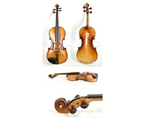 A full size German Stradivarius copy violin, with two-piece back, length 35.8cm and branded below the button 'Concert Violin 