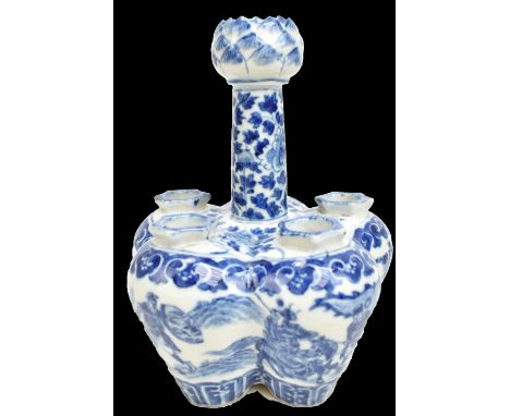 A 19th century Chinese porcelain six division tulip vase painted in underglaze blue with martial scene featuring figures on h