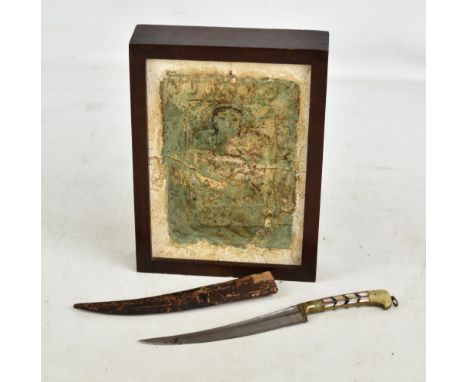 A 9th/10th century turquoise glazed Persian tile with central relief figural decoration, approx 22 x 15cm, framed, also a Per