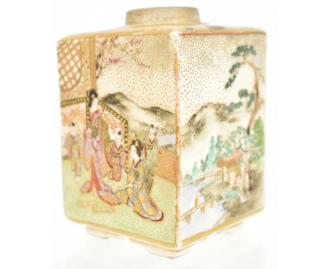 A Japanese Meiji period Satsuma vase of square form painted with geisha and warriors in landscape scenes, with signature and 