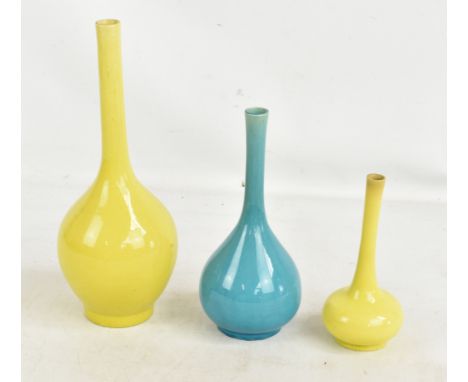 Three Chinese yellow (x2) and turquoise glazed bottled vases, all unmarked, height of tallest 32cm (3).Additional Information