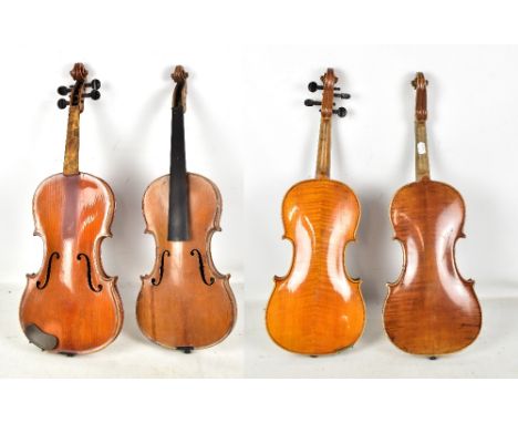 A full size German Stradivarius copy violin with two-piece back, length 35.8cm and another violin for restoration, length 35.