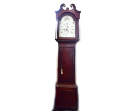 An early 19th century oak and mahogany crossbanded longcase clock, the repainted arch dial inscribed 'W. Nickifson. Newcastle